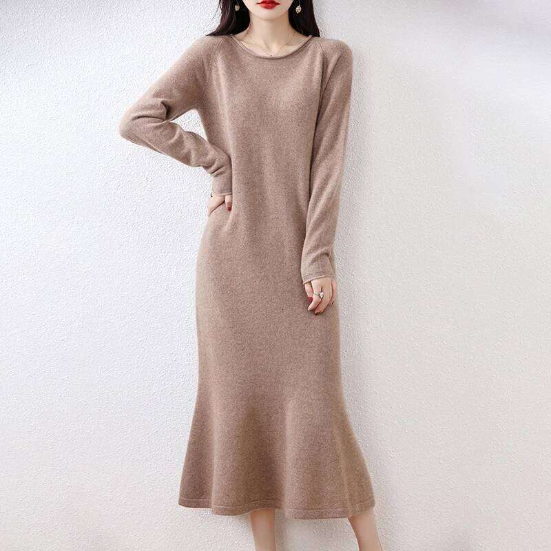 Elegant 100% Women Long Sleeve Curl O-neck Wool Knit Mermaid Sweater Skirt Spring Autumn Winter Fashion Female Dress Z260314