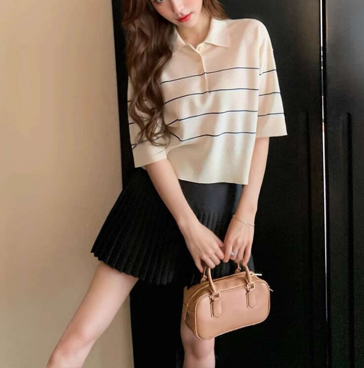 2026 High quality Women's Clothing Spring and Summer New Lightweight Two tone Striped Short sleeved Knitted Shirt