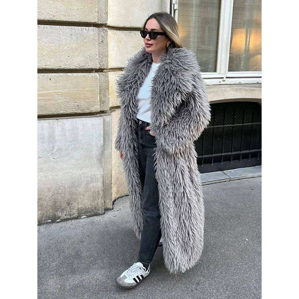 DEAT Fashion Gray Imitation Fur Coat Women's Lapel Loose Long Sleeves Plush Thick Overcoat Winter New 7A1438 Z260313