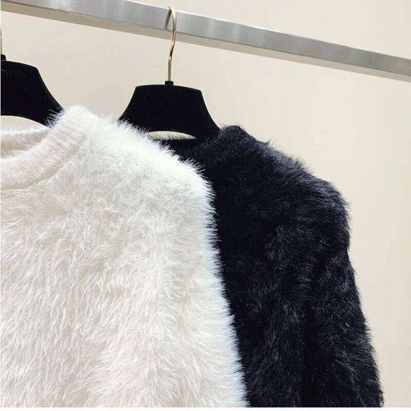 Fuzzy Pullover Women Soft Plush Solid Color Simple Sweater White Mink Fur Sweet Loose-Fit Warm Sweaters Knitwear Jumpers Z260313
