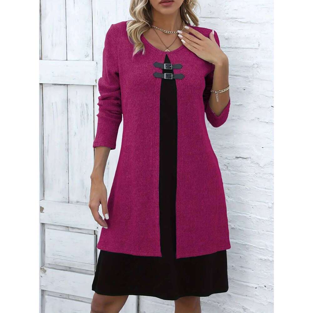 Spring Autumn Women's New Solid Sleeved Round Neck Elegant Splicing Knitted Long Casual Comfortable Dress For Women Z260314