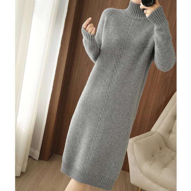 2025Thick Warm 100%Wool Long Sweater Women Autumn Winter High-Neck Over-The-Knee Cashmere Knit Dress Large Size Base Shirt Z260314