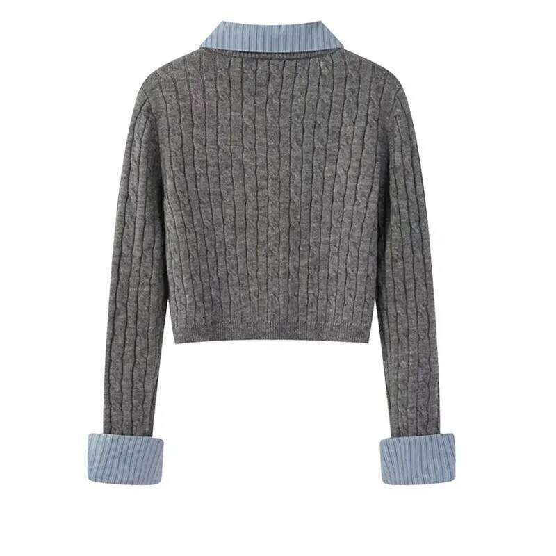 Grey Fake two-piece spliced Polo collar Long sleeved Knitted Sweater For women Autumn Winter College style Short Outwear Top Z260313