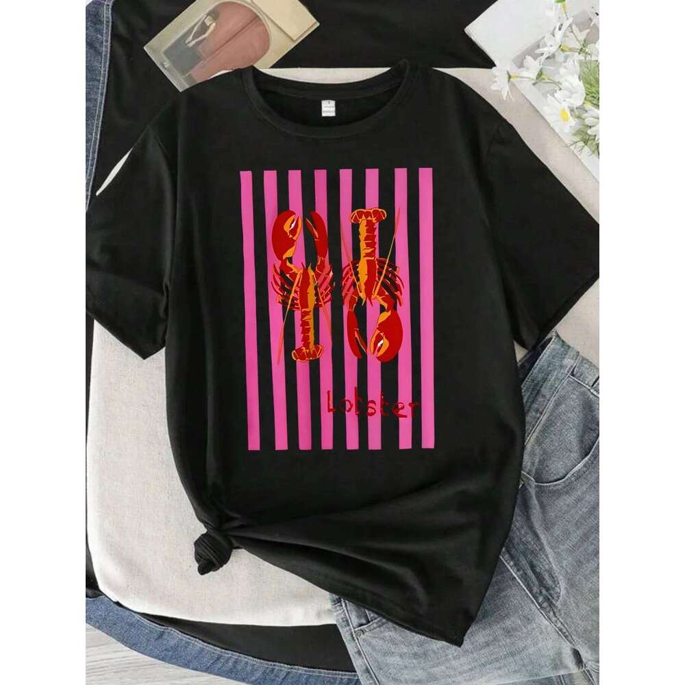 American Summer Marine Lobster Ins Printed Women Casual Short Fashionable Y2k Personality Round Neck Comfortable T-shirt Z260314