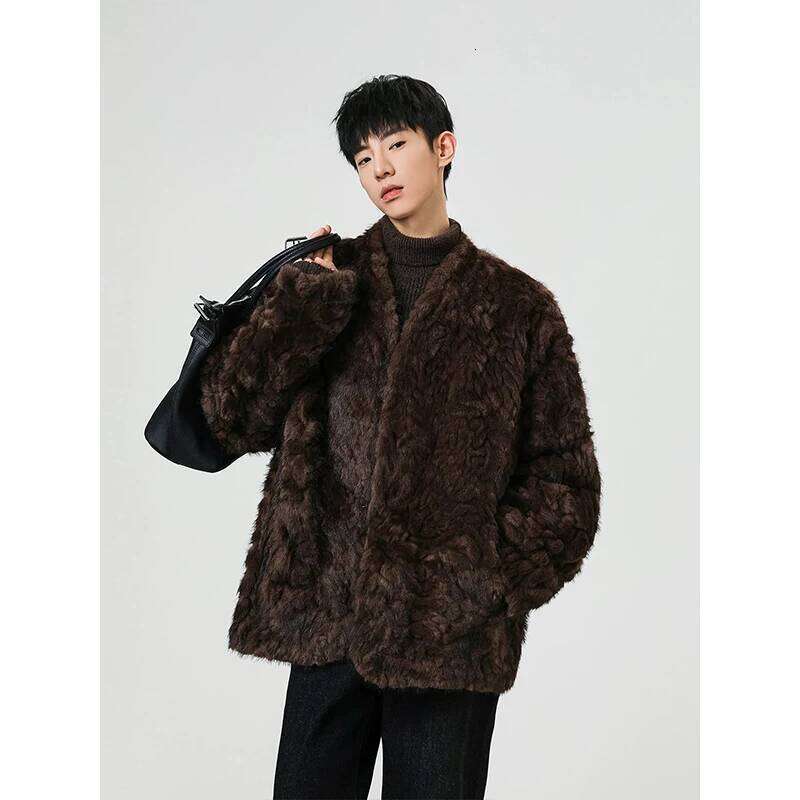 Men's Winter V Neck Fur-lined Faux Fur Coat Thickened Cotton-padded Warm Insulated Jacket Stylish Outerwear Chic Parkas Z260313