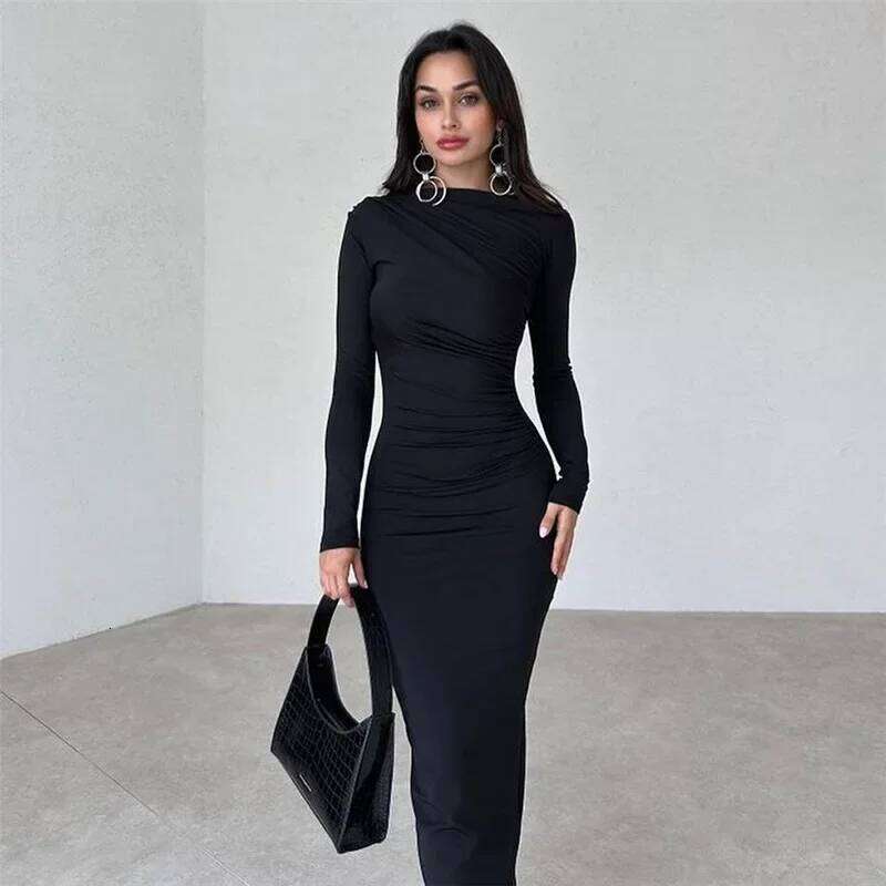 NEW Autumn Women's Black Long-Sleeve Bodycon Maxi Dress, Ruched High-Neck Elegant Gown, Slim-Fit Chic Vibe, Stretchy Fabric Z260314