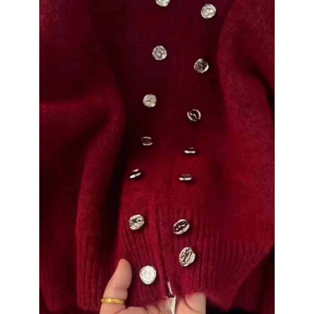 Fluffy Knitted Cardigan Sweater Double Breasted Stand-up Collar Knitwear Women Autumn High-end Lazy Zipper 2000s Y2k Knit Top Z260314