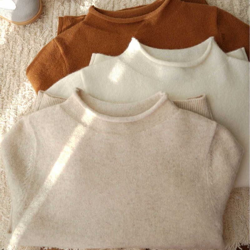Womens Knits Tees Boys and Girls Baby Autumn Winter New Solid Color Rolled Edge ParentChild Matching Sweater Childrens CloseFitting Wool Fleece Sweate
