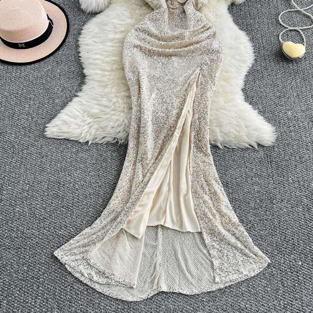 2026 Women's Evening A9 Dress Elegant and Exquisite Strapless with Ruffles, Slim Fit, Fork and Sparkling Glitter