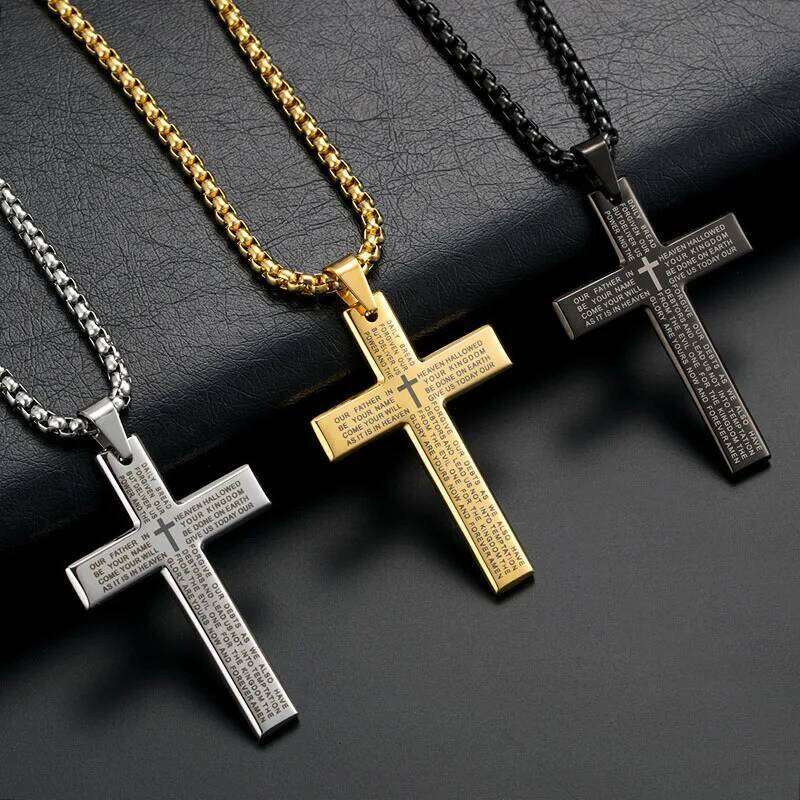 Fashion Stainless Steel Pendant Necklace Hip Hop Neck Chains Jesus Christ Cross Lucky Letter Engraving Christian Jewelry H260312