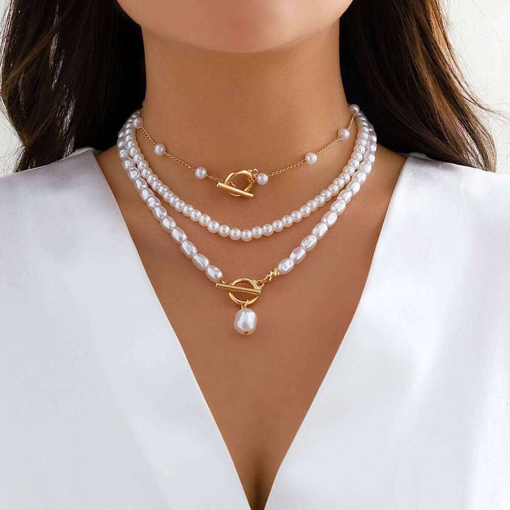 Ingemark Multilayer Imitation Pearl OT Buckle Pendant Necklace Women Wed Bridal Goth Bead Chain Y2K Accessories Neck Jewelry H260312