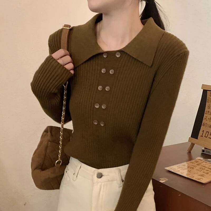 Turn-Down Collar Ribbed Pullover Sweater Women Autumn Winter Slim Long Sleeve Soft Warm Sweaters Ladies Knitted Tops Z260313