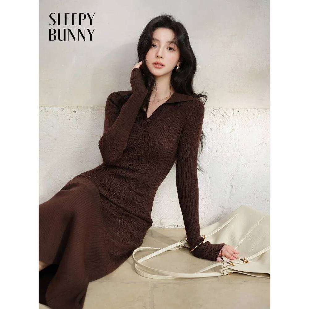 Women Elegant V Neck Ribbed Knit Maxi Lady Slim Fit Long Sleeve Sweater Dress Chic Casual Early Spring Daily Wear Style Z260313