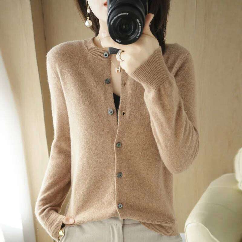 Wool-blend New Round Neck Knit Cardigan Women's Loose Short Sweater Casual Jacket Top Z260314