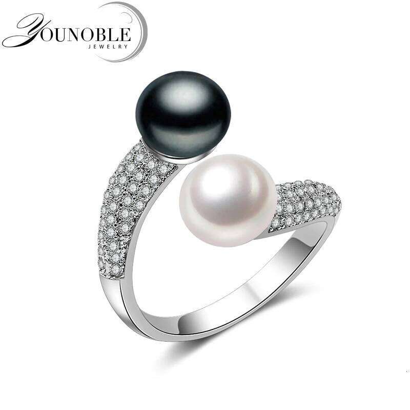 Real 925 Sterling Silver Double Rings Woman,White Natural Freshwater Pearl Ring Adjustable Wife Mother Anniversary Gift H260312