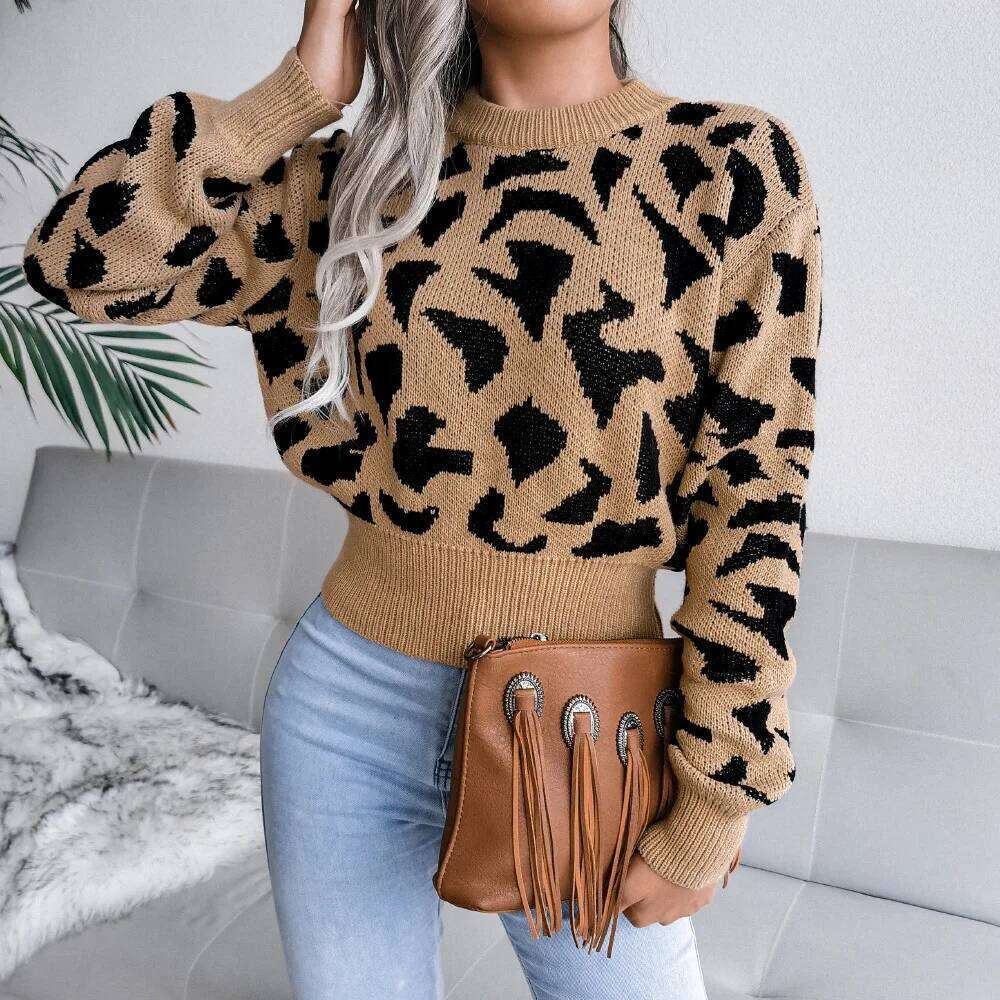 Autumn Winter Leopard Pattern Sweater Casual Women 2025 Round Neck Long Sleeve Knitted Short Pullover Z260313