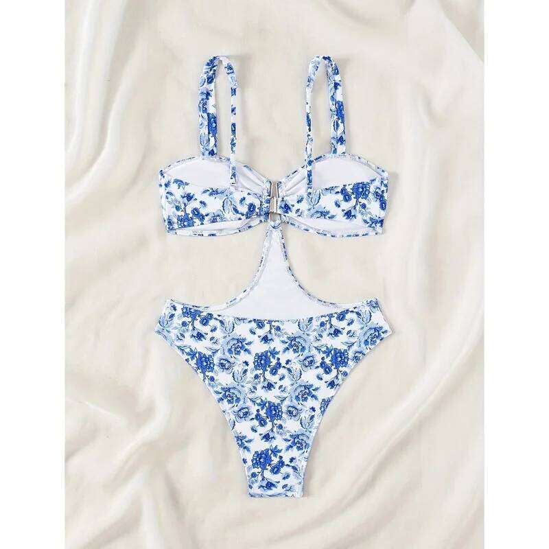 2025 Blue Porcelain Monokini Straps Bikini Bodysuit Women's Sexy Backless One-Piece Swimsuit Chinese Print Swimwear Female Y260303