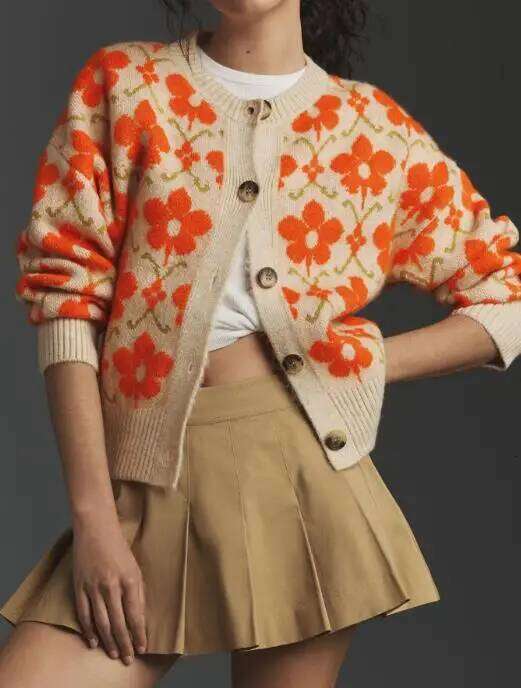 Flower Jacquard Autumn and Winter Women's Sweater Elegant Button Long Sleeved Knitted Cardigan Jacket Z260313