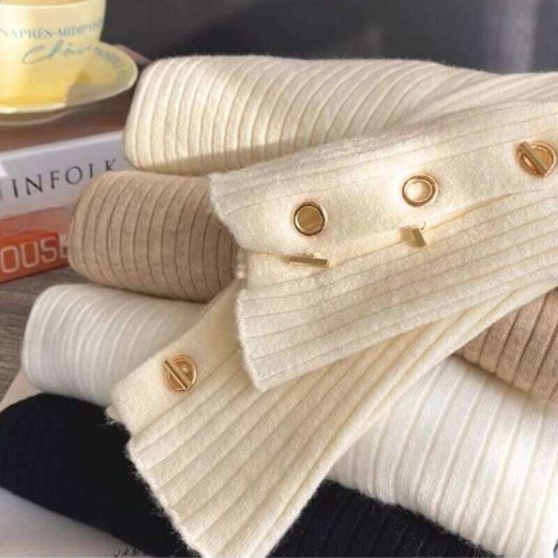 2025 Pullovers Women Autumn Winter Knitted Slim Sweaters Solid Button Full Sleeve Half High Collar Sweater Female Casual Tops Z260314