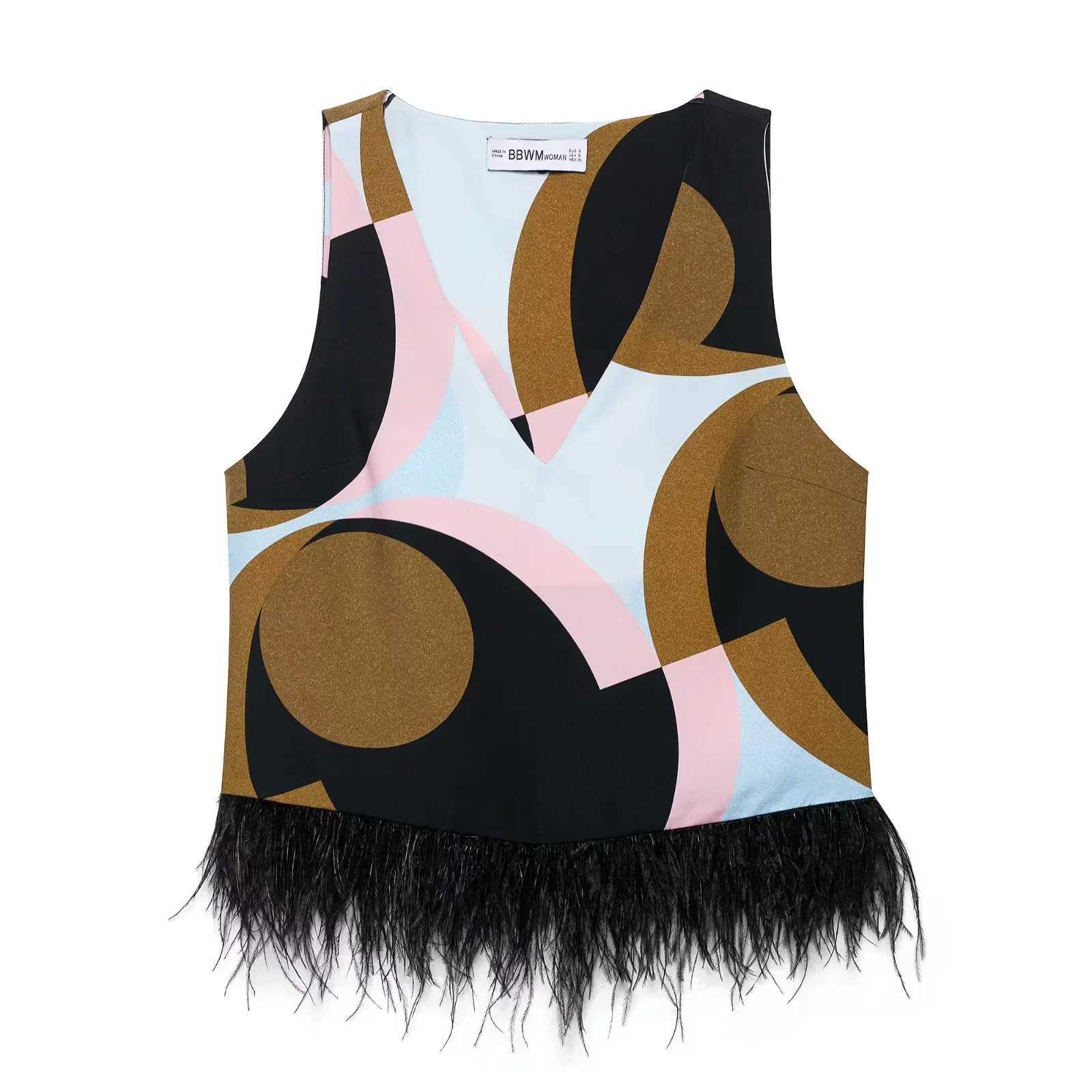 Geometric Print Patchwork Vest Pants Sets For Women 2 Piece Feather Decoration V-Neck Tank Tops Suits Casual Woman Outfits M260313