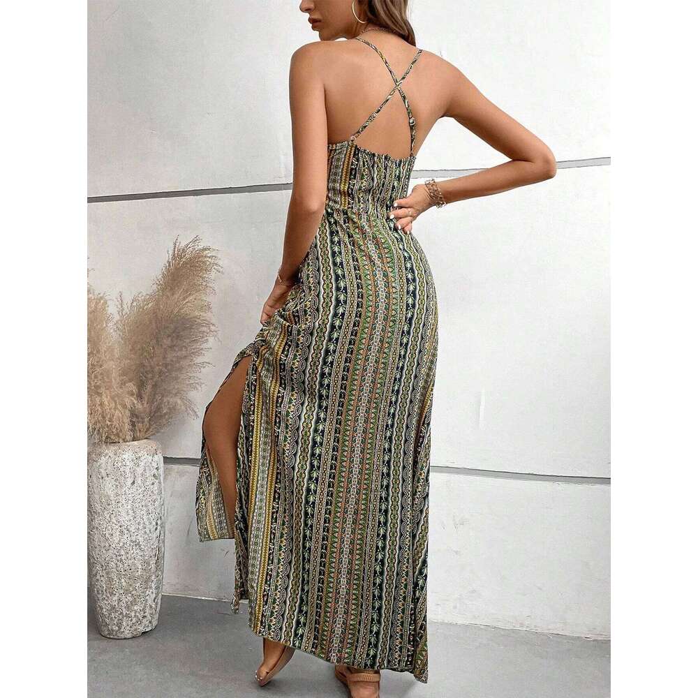 Women's Ethnic Pattern Backless Split Thigh Ladies Summer Clothes Boho Fashion Frill Trim Long Dress for Beach