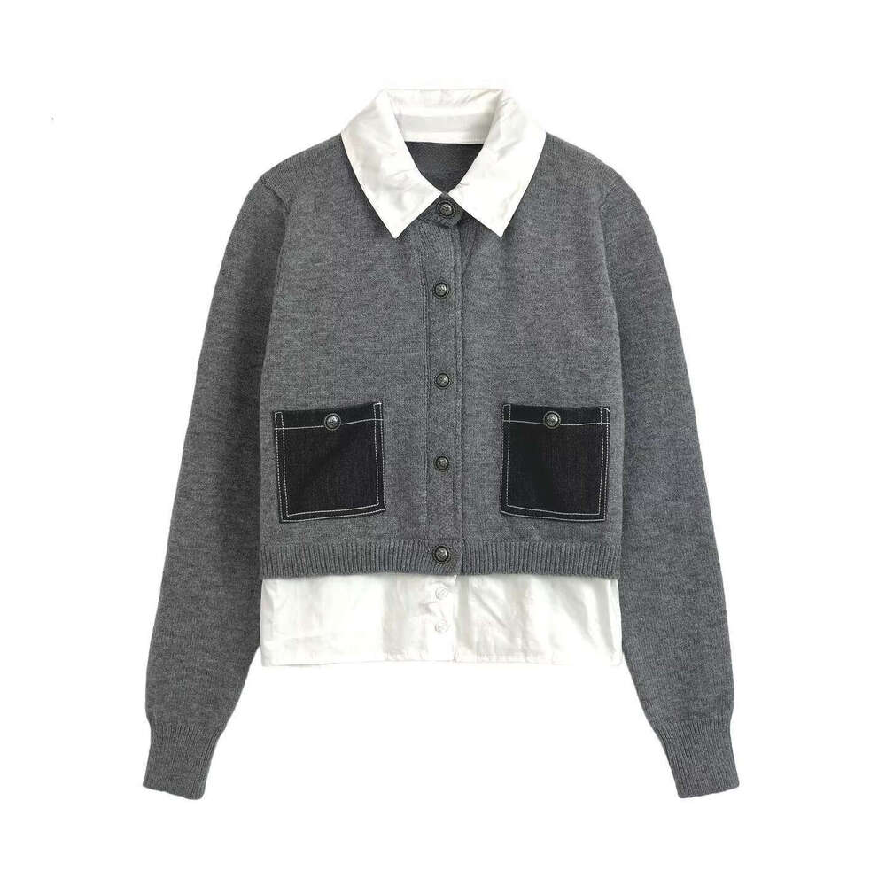 2026 Spring/Autumn Designer Short Fake Two Piece Knitted Cardigan Women's Long c10 Sleeve Pocket Sweater Top
