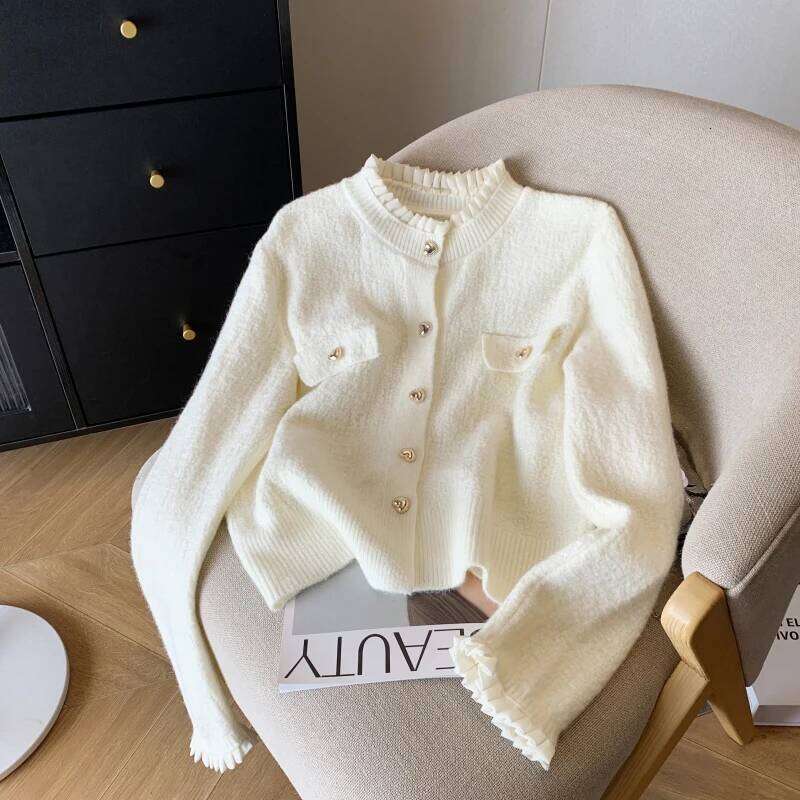 New 2024 Autumn Winter Cashmere Sweater Korean Style Casual Ruffles White Pink Red Long Sleeve Knitted Cardigans For Women Z260313