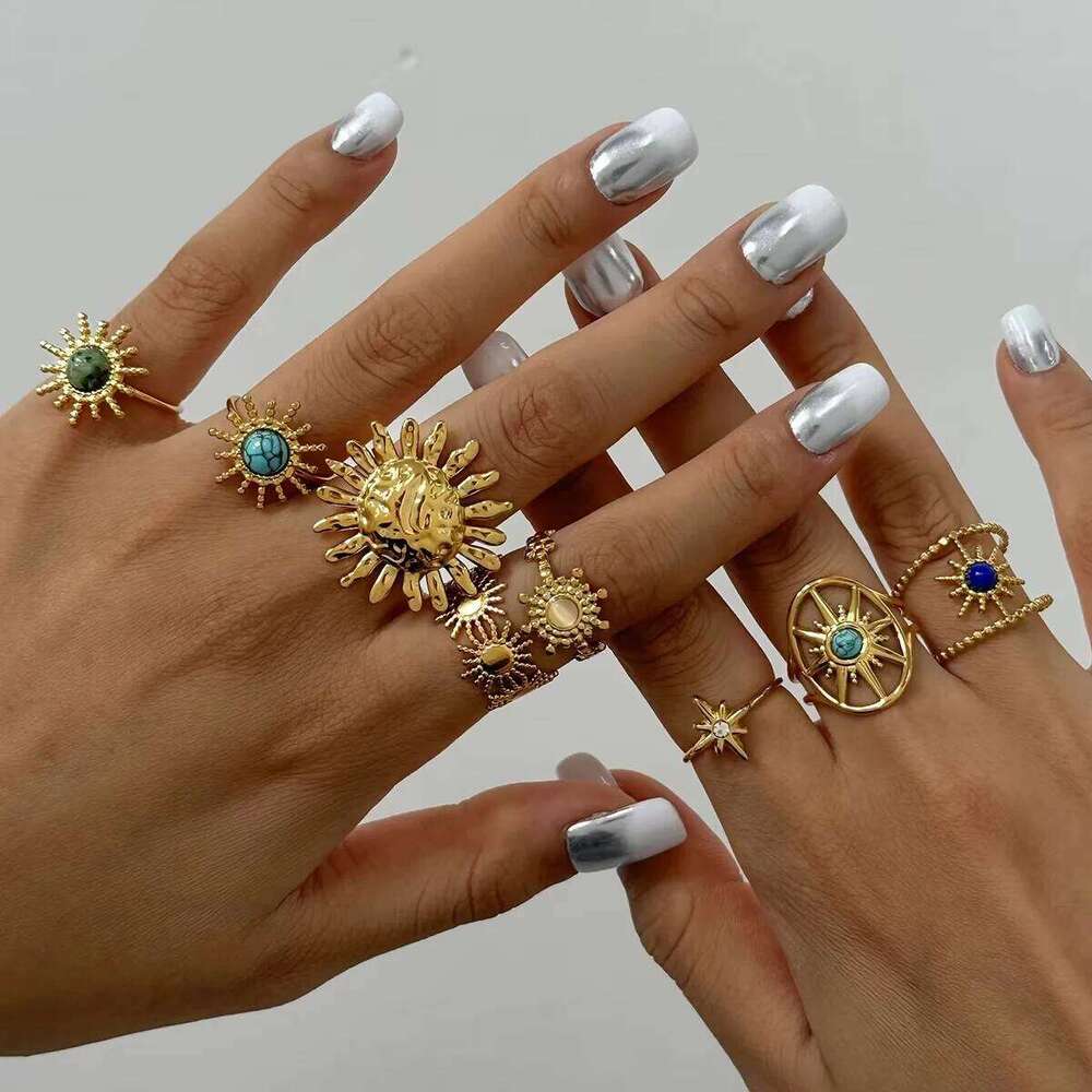 New Stainless Steel Exaggerated Sunflower Ring For Women Gold Color Vintage Stone Open Rings Punk Romantic Jewelry Gift Anillos H260312
