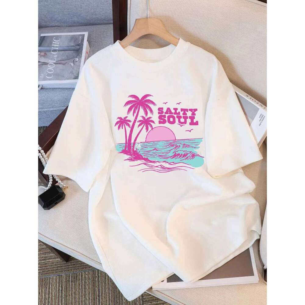 Women T-Shirt Summer Salty Soul Waves Beach Coconut Trees Prints T Shirt Soft Loose Round-Neck Tops Casual Woman Clothes Z260314