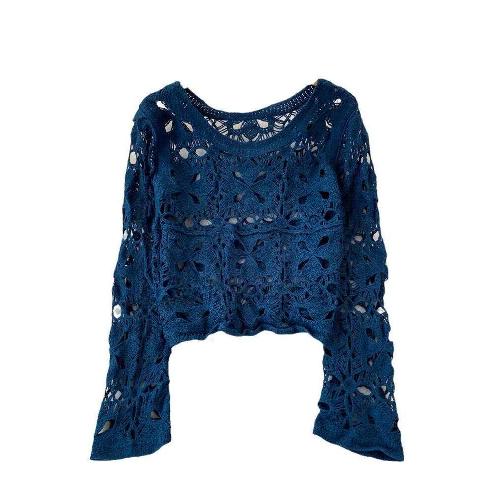 2024 Spring Summer Pullovers Tops Korean Fashion Long Sleeve Women Hollow out Knitted Shirt Round Neck Hook Flower Knitwear Z260313