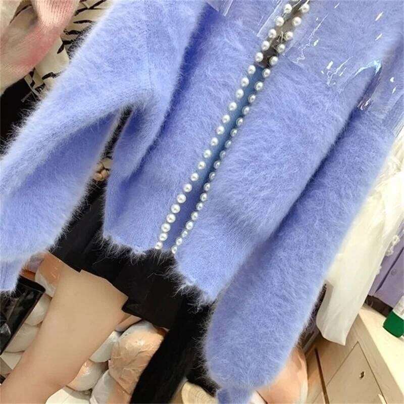 2026 Autumn Winter New Fashion Ladies Pearl Knit Lantern Sleeves Imitation Mink Fleece Sweater Cardigan Jacket Women Outerwear Z260313