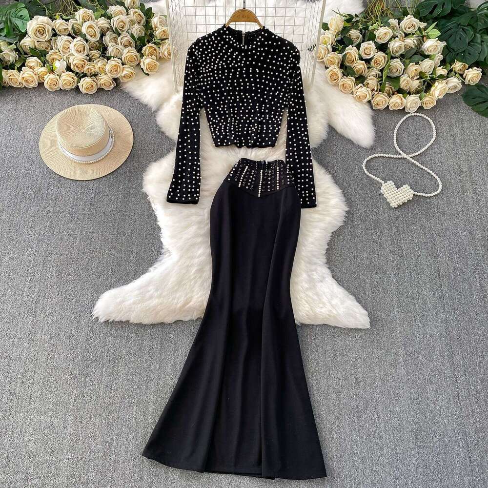 2026 European and American style bead and rhinestone decoration round neck A13 short top, high waist slim fit fish tail long style