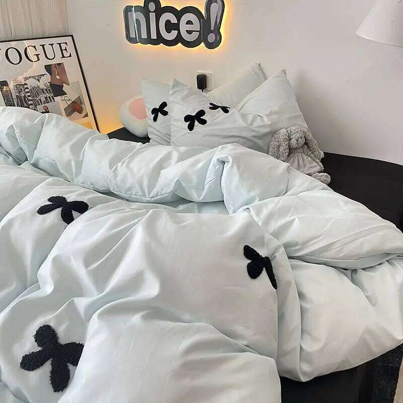 Bedding Set 2024 New Ins Style Minimalist Blue Washing Cotton black bow towel Embroidered Four PIECE Set, 1.5 Bed Sheets H260312 - view 3