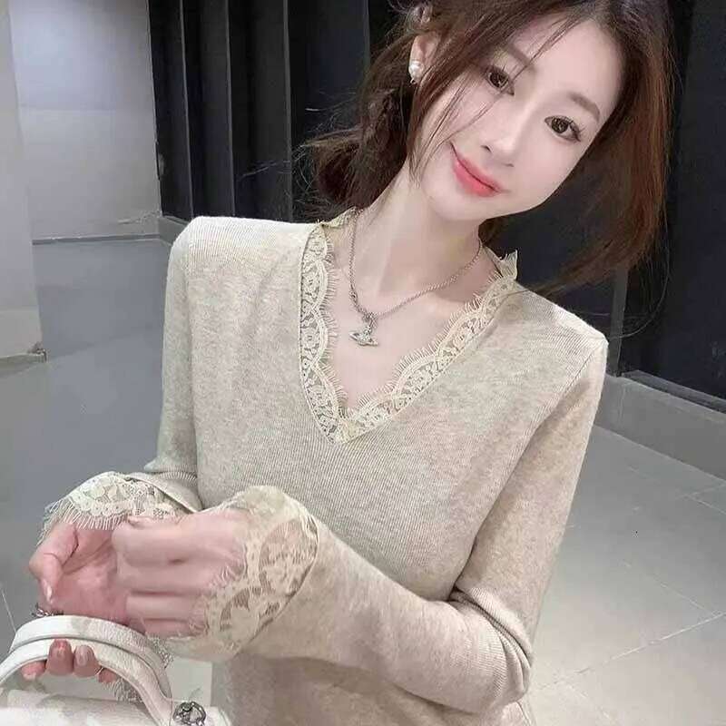 Fashion Lace V-Neck Knitted Sweater for Women Elegant Temperament Long Sleeve Jumpers Ladies Fall Winter Bottoming Pullover Z260313
