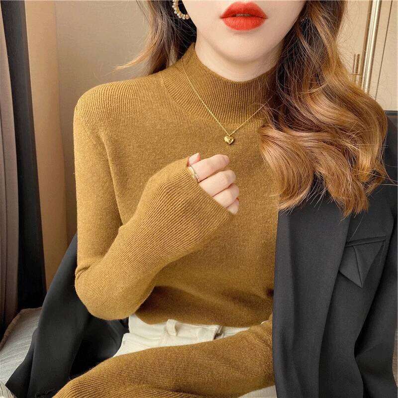 Autumn Winter Women Mock neck Sweaters Pullover Tops Knitwear Fashion Female Long Sleeve Skinny Elastic Casual Knitted Shirts Z260313