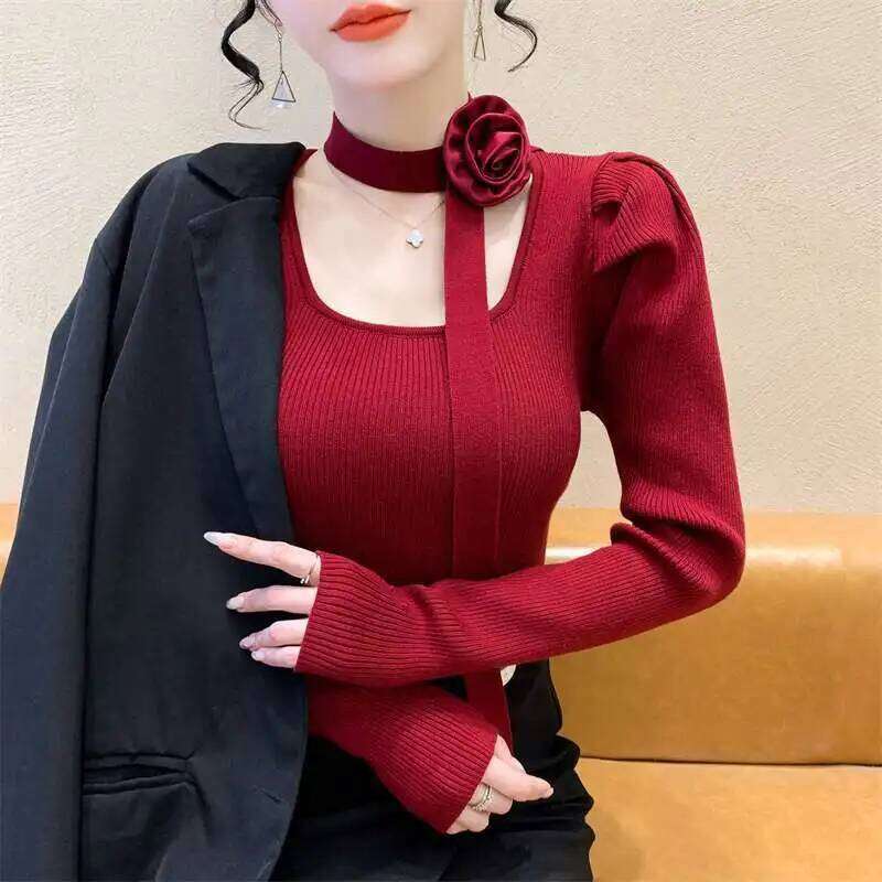 Retro Square Collar Wears Red Sweater for Women's New Style of Royal Sister Showing Off Her Figure Base Shirt Top Z260314