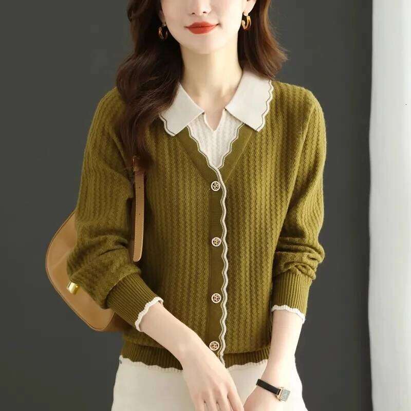 2026New Autumn/Winter Women Jumper Fashion Lapel Collar Fake Two Pieces Long Sleeve Knitted Sweater Pullover Female Tops Z260313