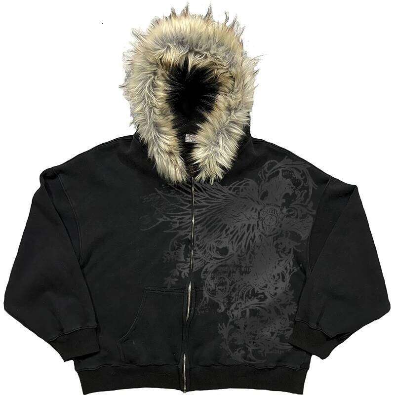 European American style Easter men's and women's plush edge decorative jacket with cross wing pattern printed on it punk Y2K Z260314