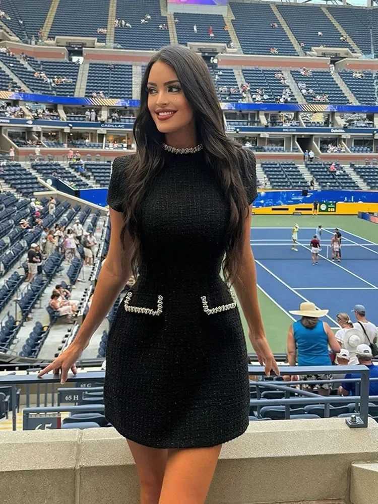 2025 New Elegant Glittery Spliced Beaded Mini Dress Women Elegant Mock Neck Short Sleeve High Waist Dresses Female Party GownT260314