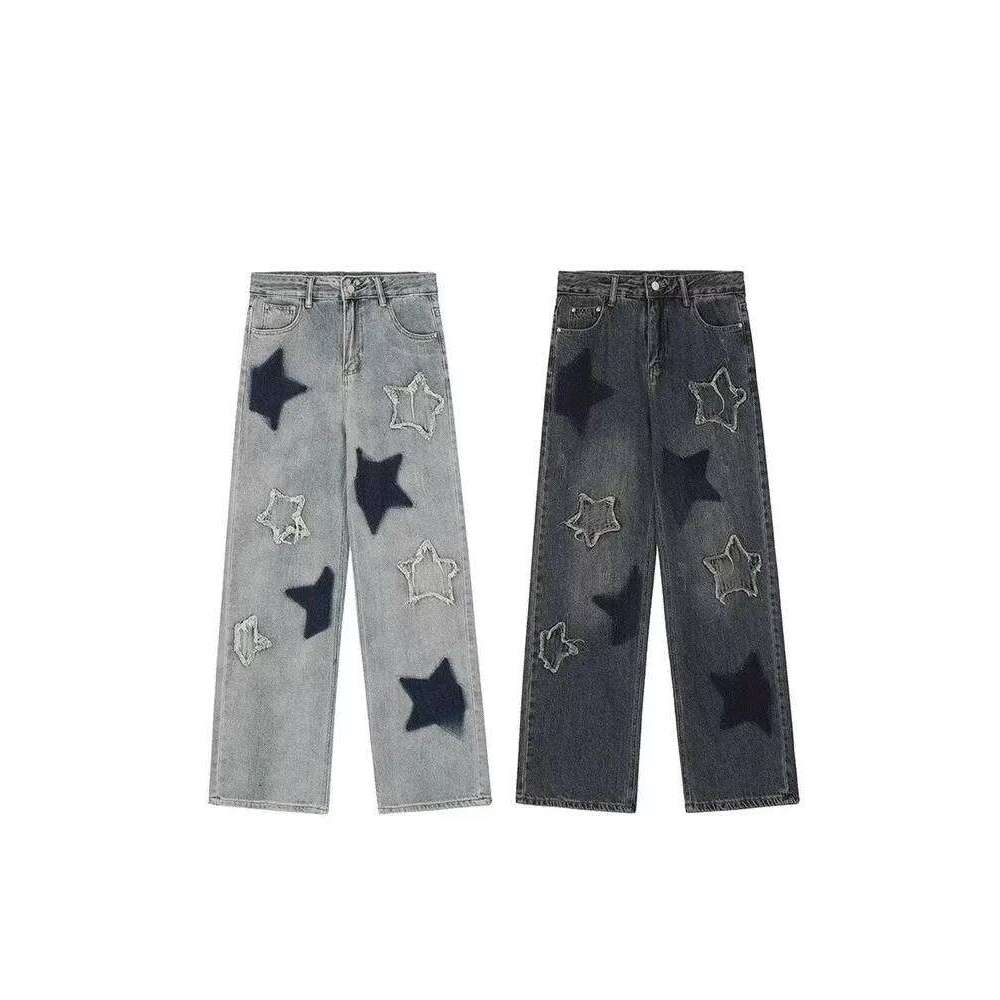 2023 Korean Y2K Fashion Star Embroidery Baggy Stacked Jeans Pants For Women Clothes High Waist Straight Vintage Lady Trousers Z260313