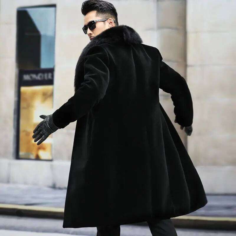 Men Winter Warm Luxury Brand Faux Fur Jacket Black High-end Thick Trench Coat Buttons Long Sleeve Outerwear Jackets New Z260313