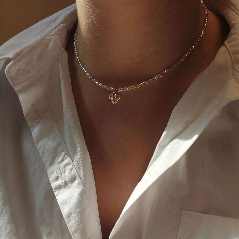Vintage Geometric Transparent Crystal Chain Necklace for Women Female Fashion Boho Baroque Sexy Zircon Heart Pendant Jewelry H260312