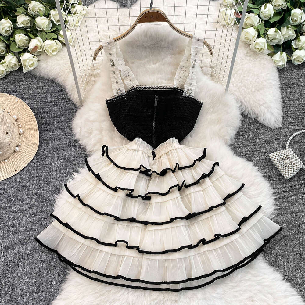 French Elegant Style Women's Tank Top Skirt Summer New A13 Fashionable Exquisite Mesh Splicing and Layered Design 2026
