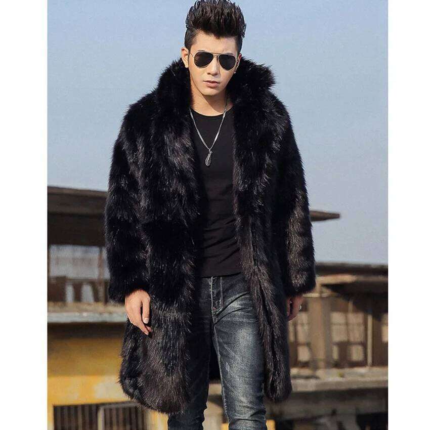 Open Stitch Solid Men Faux Thick Warm Fox Fur Outerwear Coat Jackets Turn Down Collar High Street Winter Spliced Z260313