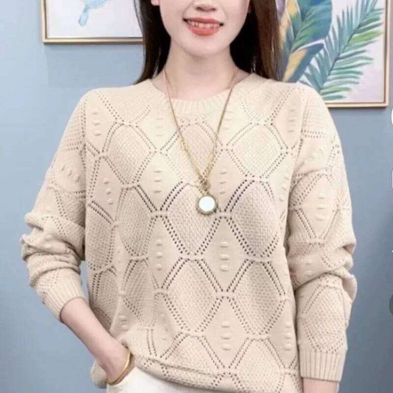 Fashion Round Neck Solid Color Knitted Sweater Hollow Women's Clothing Spring and Autumn Summer New Thin Loose Long Sleeves Z260313