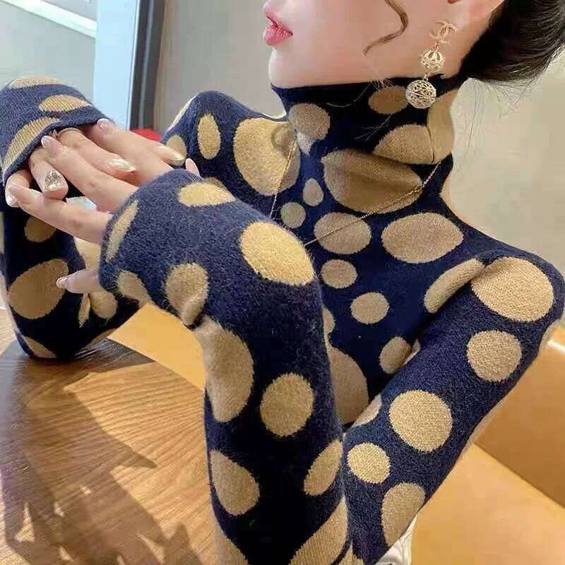 Women's Clothing Fashion Turtleneck Long Sleeve Knit Sweaters Autumn Winter Elegant All-match Slim Polka Dot Pullovers Chic Tops Z260313