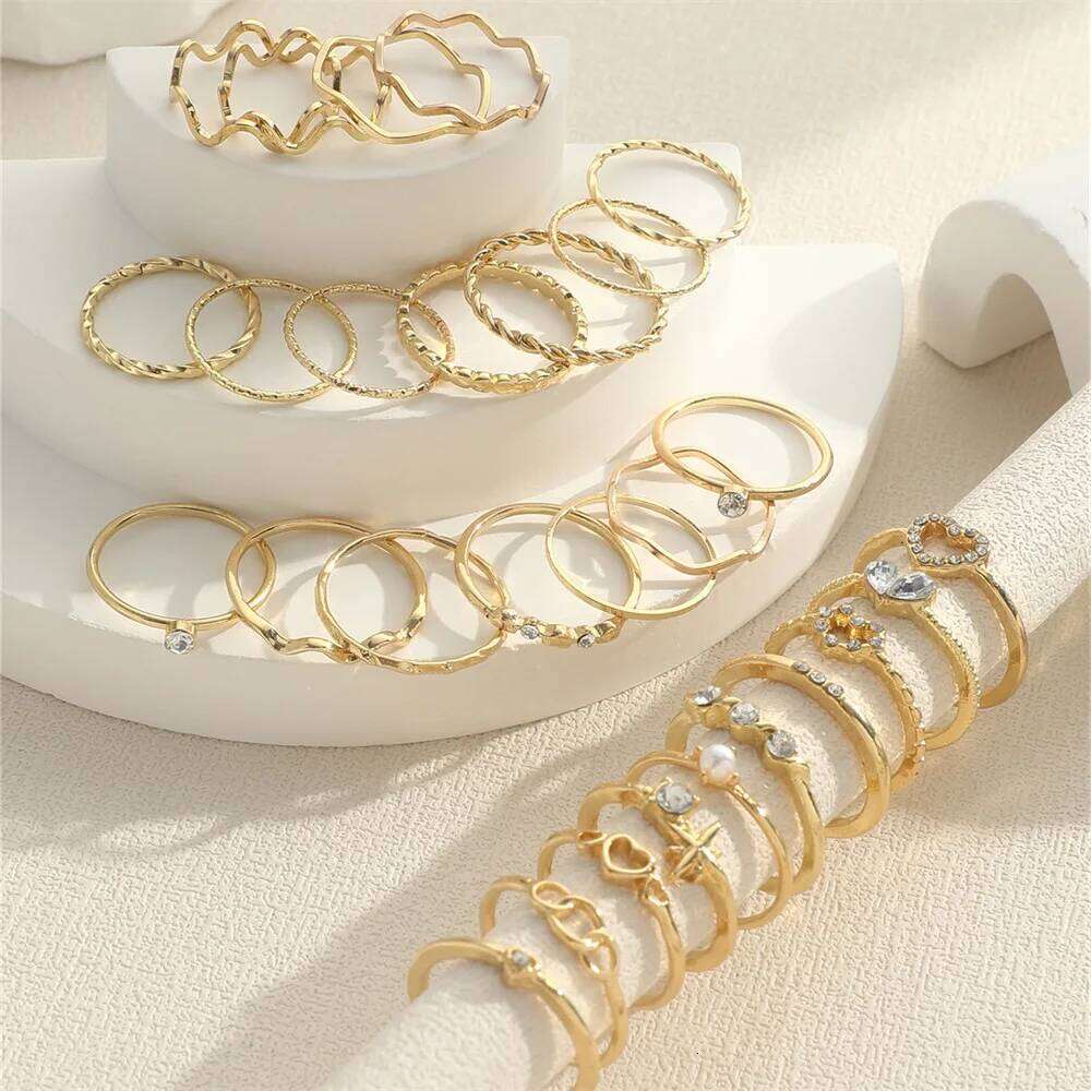 Fashion Simple Wave Joint Rings Set For Women Crystal Heart Shape Gold Silver Color Ring Female Party Jewelry H260312