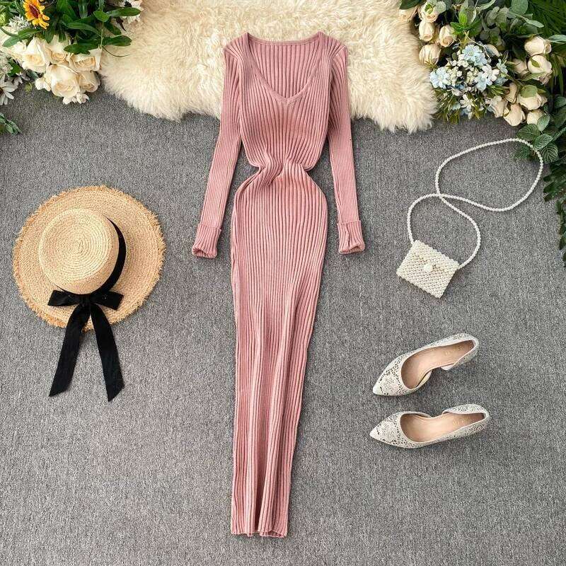 New Women Autumn Knitted V Neck Sexy Slim Elastic Oversized Basic Bodycon Sweater Winter knit Warm Long Dress Z260314