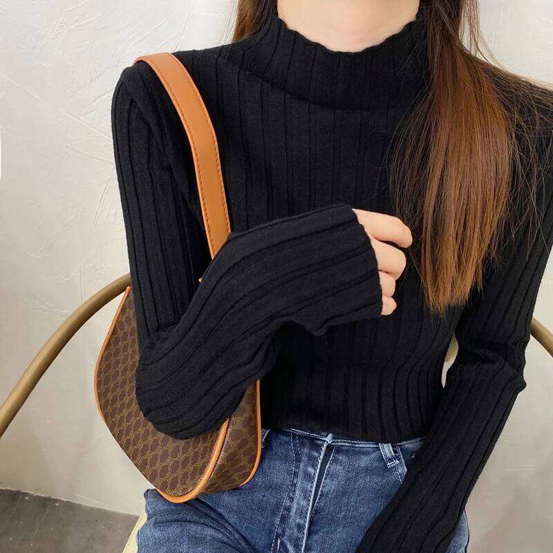 Sweaters Sueters De Mujer White Knitted Pullovers New Long Sleeve Mock Neck Knit Sweater Pullover Women Tops Q1768 Z260314
