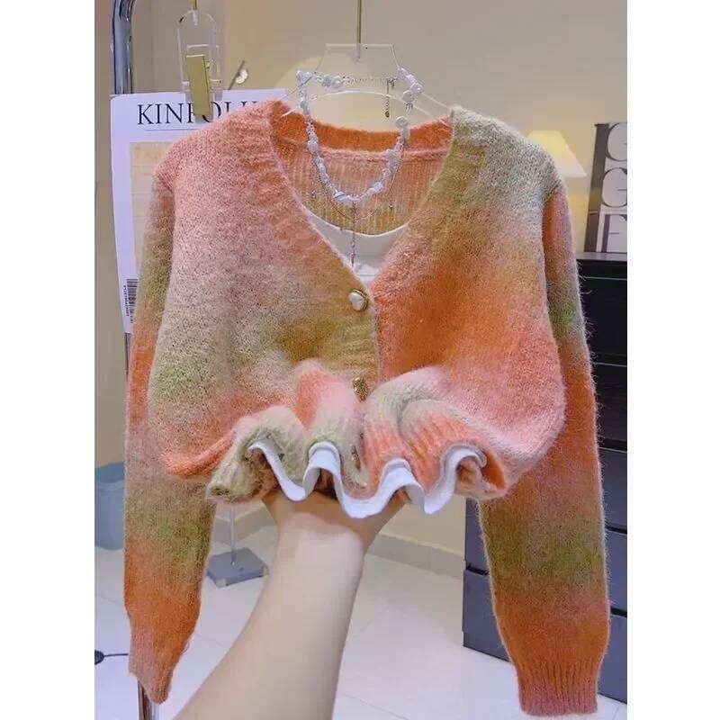 Tie-dye Gradient Color Sweater For Women Autumn Winter New Thickened Sweet Knitted Cardigan Top Z260313
